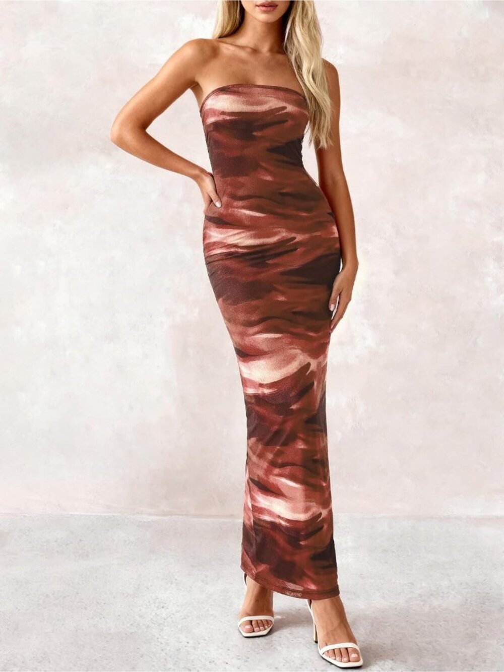 Women's Sexy Brown Floral Strapless Tube Long Bodycon Maxi Club Party Dress - Picture 2 of 6
